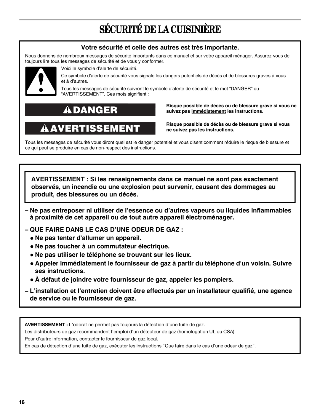 Whirlpool W10200947A manual Sécurité De La Cuisinière, Danger Avertissement 