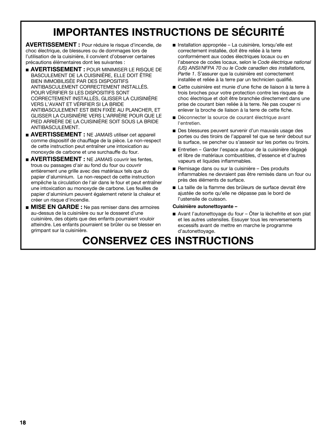 Whirlpool W10200947A manual Importantes Instructions De Sécurité, Conservez Ces Instructions, Cuisinière autonettoyante 