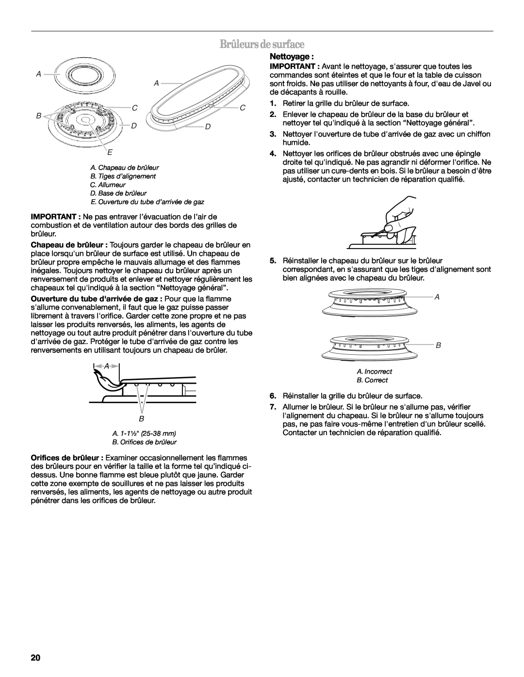 Whirlpool W10200947A manual Brûleursdesurface, Nettoyage, A A Cc B Dd E 