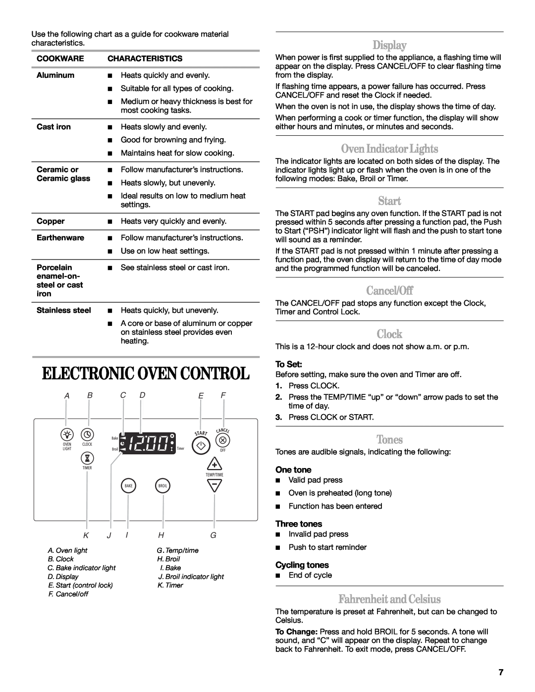 Whirlpool W10200947A manual Electronic Oven Control, Display, OvenIndicatorLights, Start, Cancel/Off, Clock, Tones, To Set 