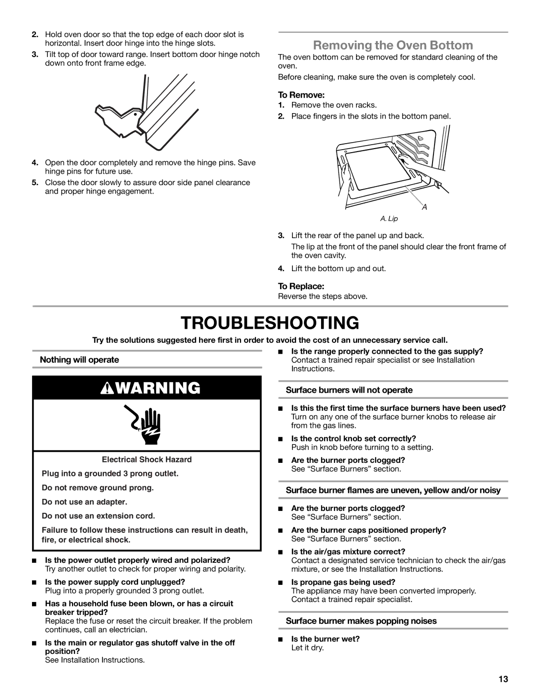 Whirlpool W10203462D manual Troubleshooting, Removing the Oven Bottom 