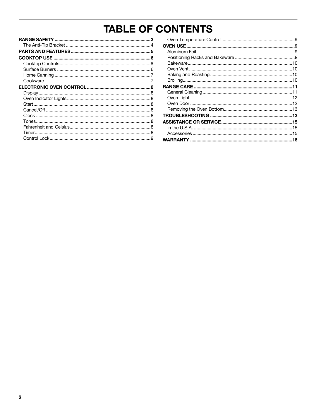 Whirlpool W10203462D manual Table of Contents 