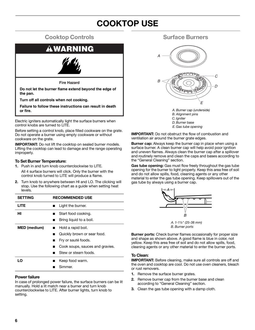 Whirlpool W10203462D Cooktop USE, Cooktop Controls Surface Burners, To Set Burner Temperature, Power failure, To Clean 