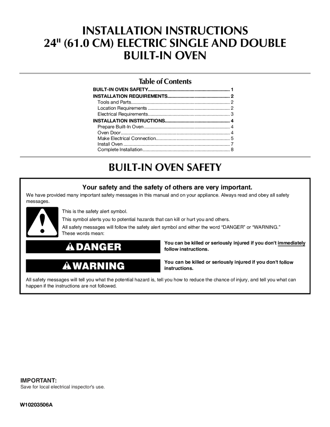 Whirlpool W10203506A installation instructions BUILT-IN Oven Safety, Table of Contents 