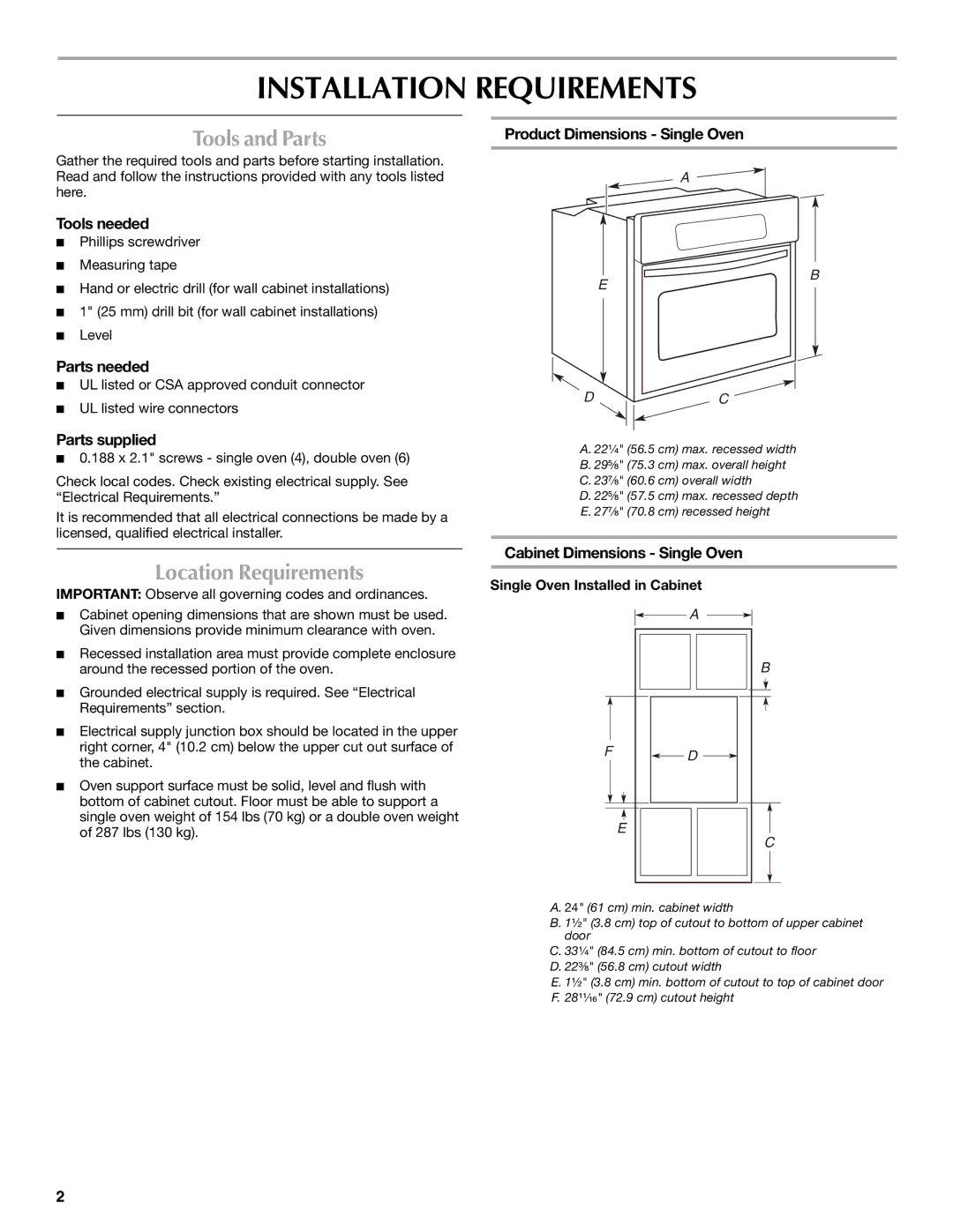 Whirlpool W10203506A installation instructions Installation Requirements, Tools and Parts, Location Requirements 