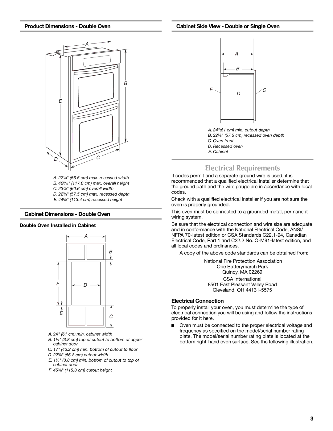 Whirlpool W10203506A Electrical Requirements, Product Dimensions Double Oven, Cabinet Dimensions Double Oven 