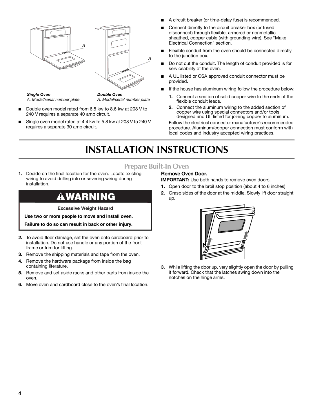 Whirlpool W10203506A installation instructions Installation Instructions, Prepare Built-In Oven, Remove Oven Door 