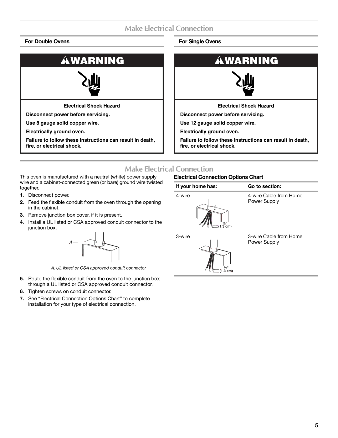 Whirlpool W10203506A Make Electrical Connection, For Double Ovens, For Single Ovens, Electrical Connection Options Chart 