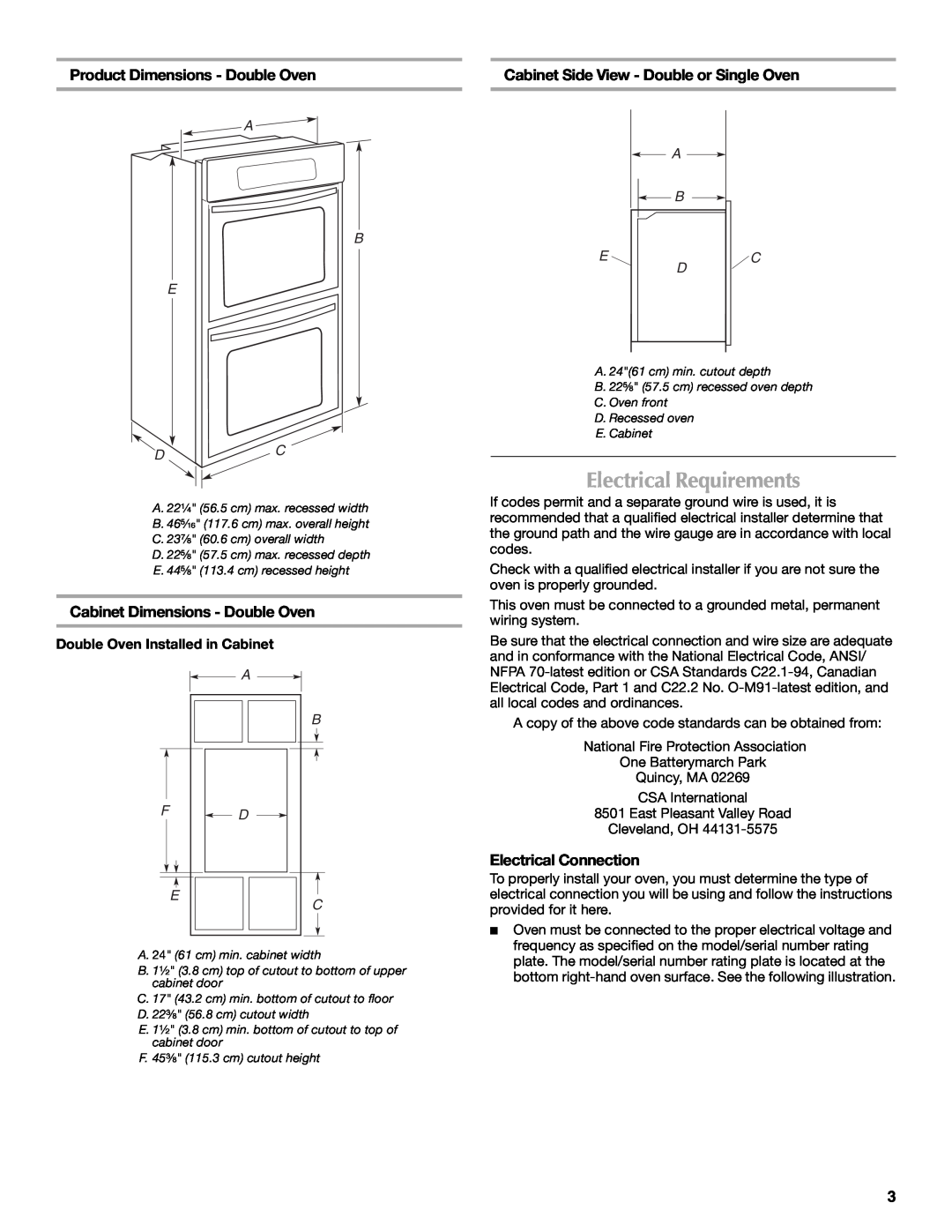 Whirlpool W10203506A Electrical Requirements, Product Dimensions - Double Oven, Cabinet Dimensions - Double Oven, A B E Dc 