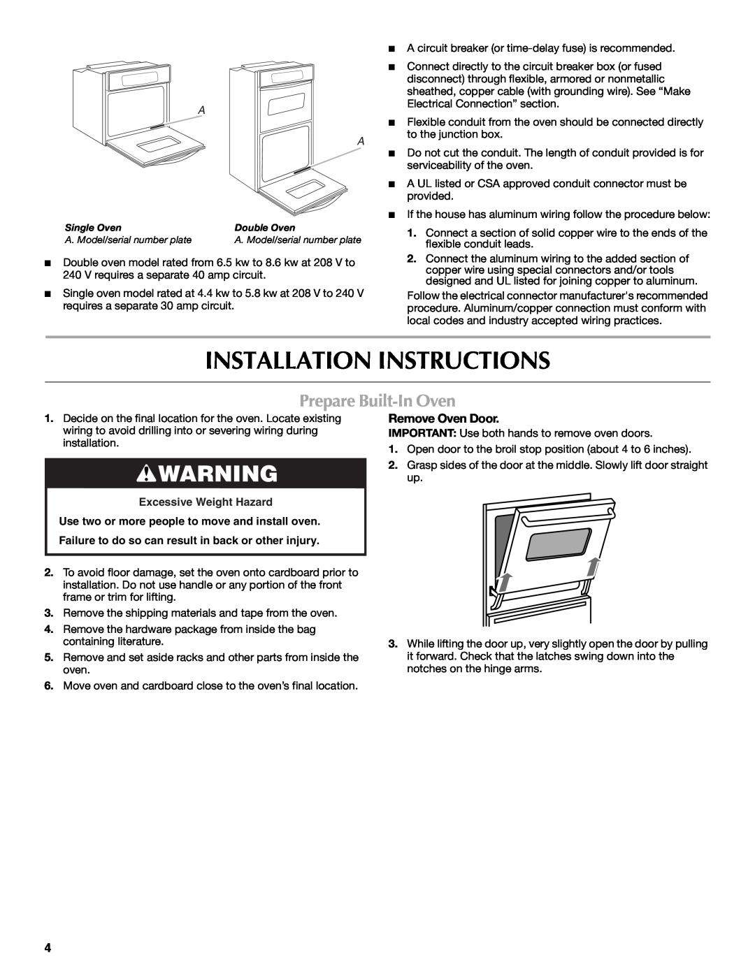 Whirlpool W10203506A Installation Instructions, Prepare Built-In Oven, Remove Oven Door, Excessive Weight Hazard 