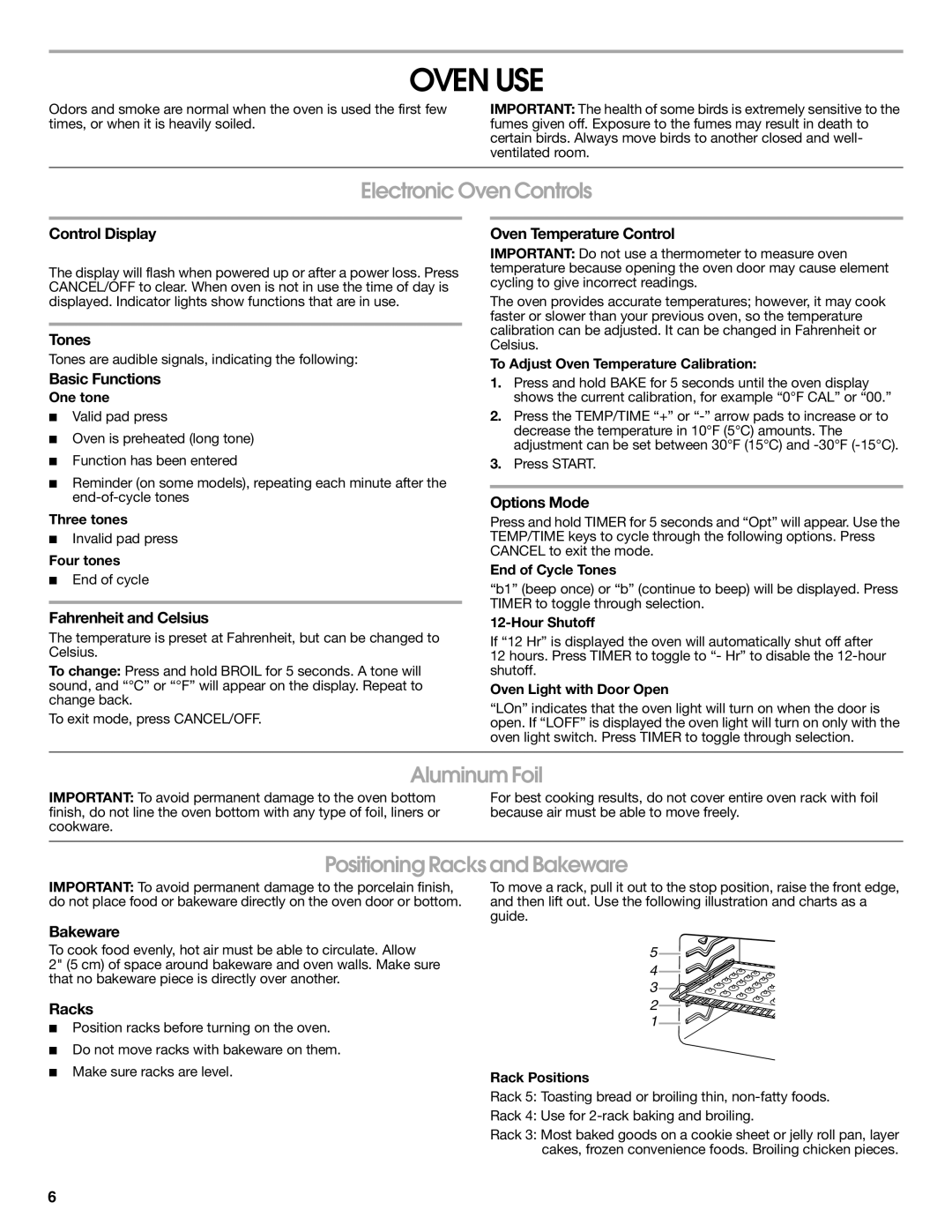 Whirlpool W10204510A, W10204316B warranty Oven USE, Electronic Oven Controls, Aluminum Foil, Positioning Racks and Bakeware 