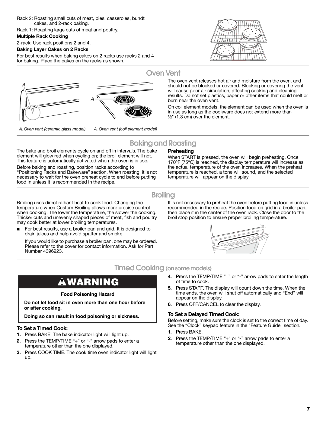 Whirlpool W10204316B, W10204510A warranty Oven Vent, Baking and Roasting, Broiling 