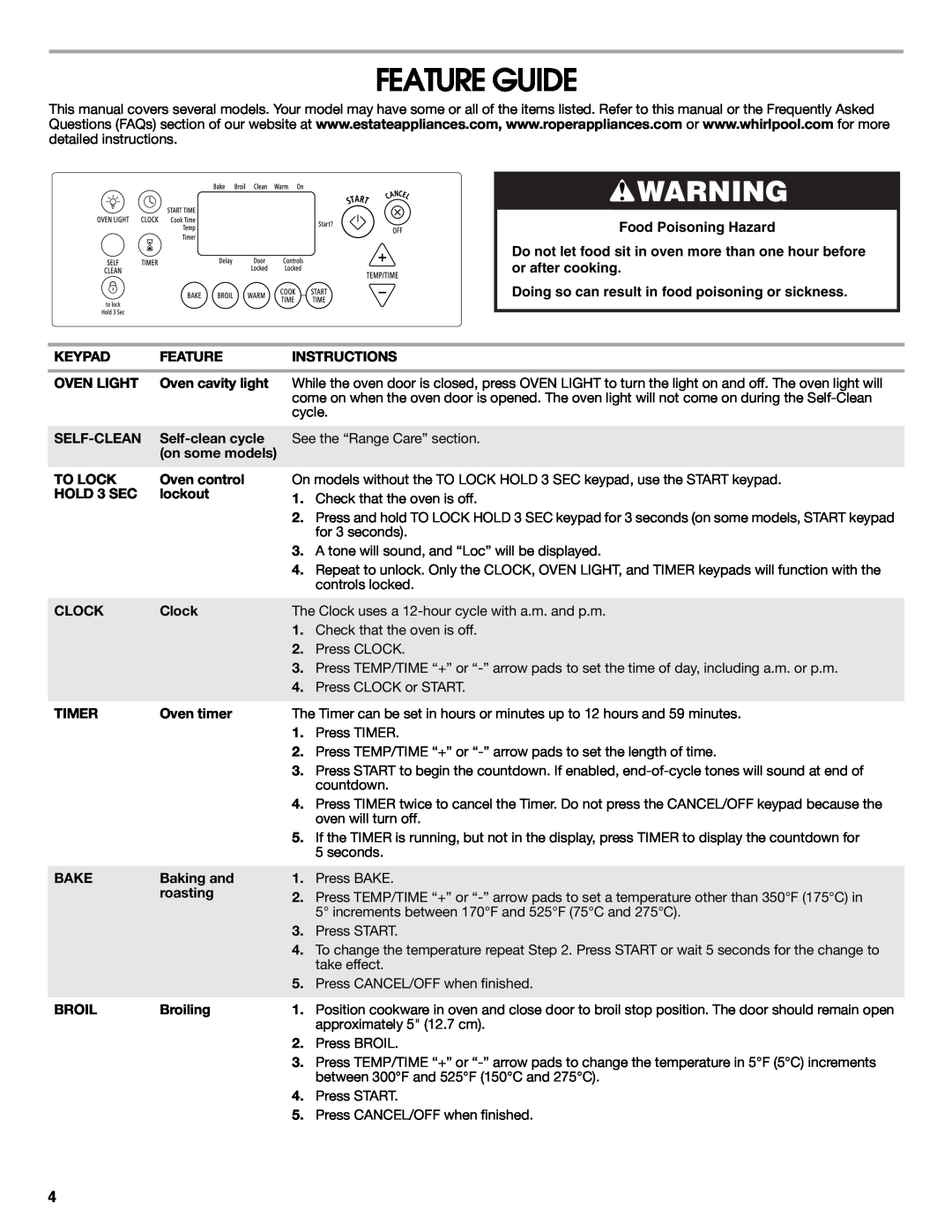 Whirlpool W10204510A warranty Feature Guide, Food Poisoning Hazard, Do not let food sit in oven more than one hour before 