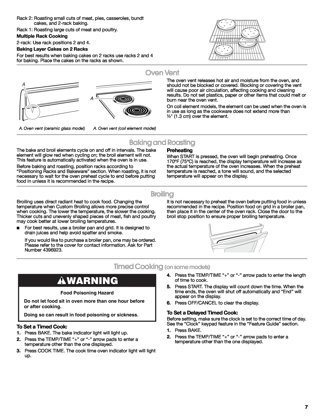 Whirlpool W10204316B Oven Vent, Baking and Roasting, Broiling, Preheating, To Set a Timed Cook, Food Poisoning Hazard 