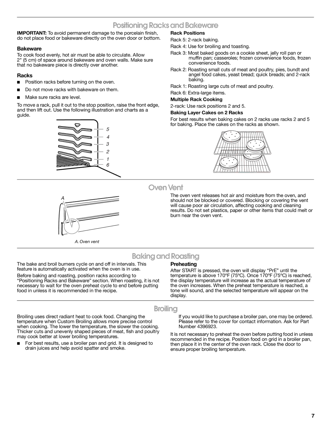 Whirlpool W10204320B, W10204511A warranty Positioning Racks and Bakeware, Oven Vent, Baking and Roasting, Broiling 