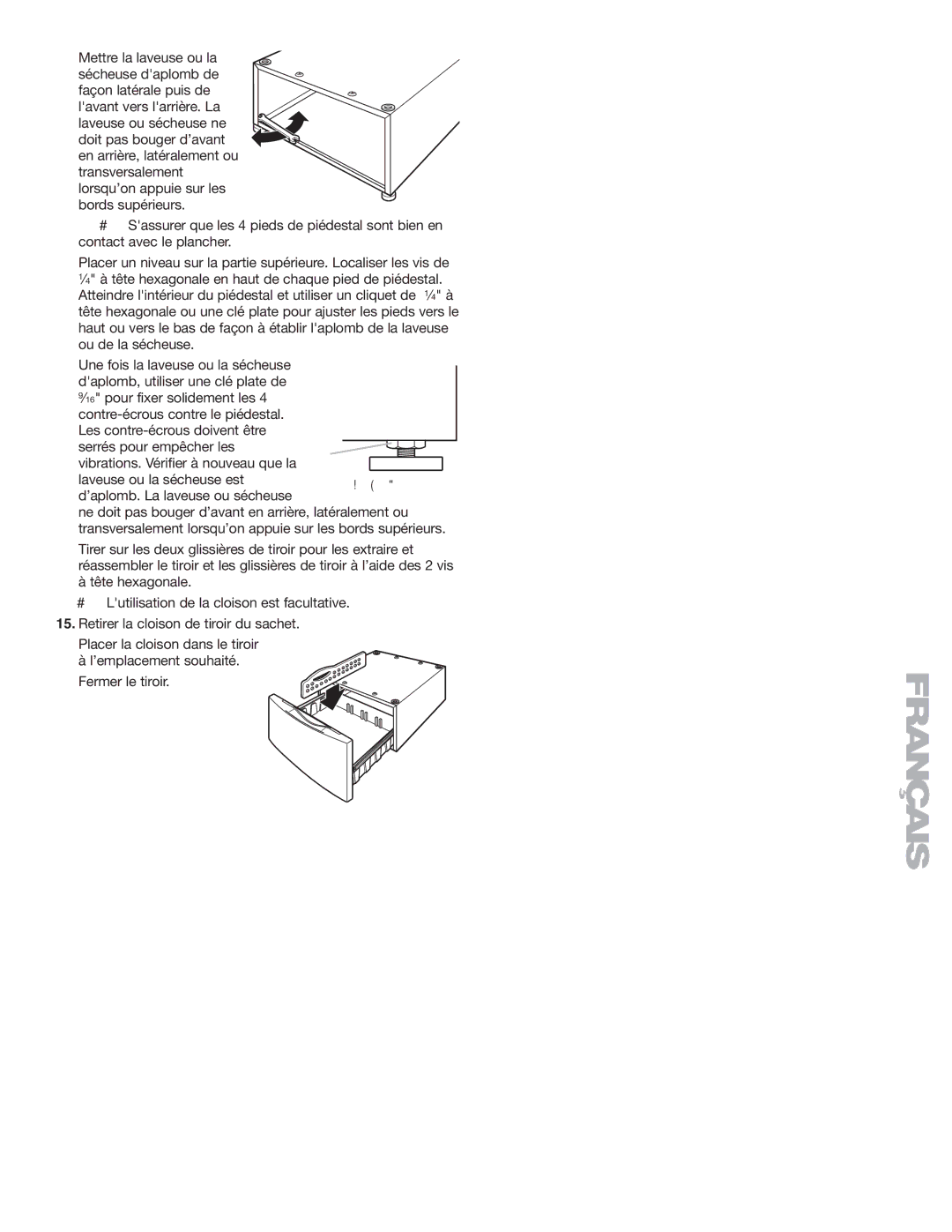 Whirlpool W10198562A, W10205335A SP installation instructions Mettre la laveuse ou la sécheuse daplomb de 