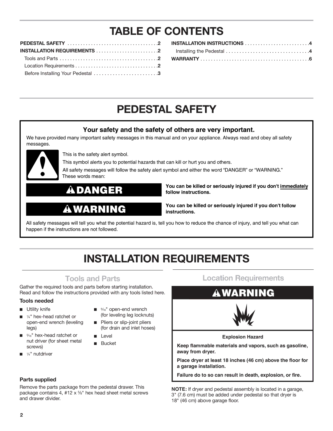 Whirlpool W10205335A SP, W10198562A installation instructions Table of Contents, Pedestal Safety, Installation Requirements 