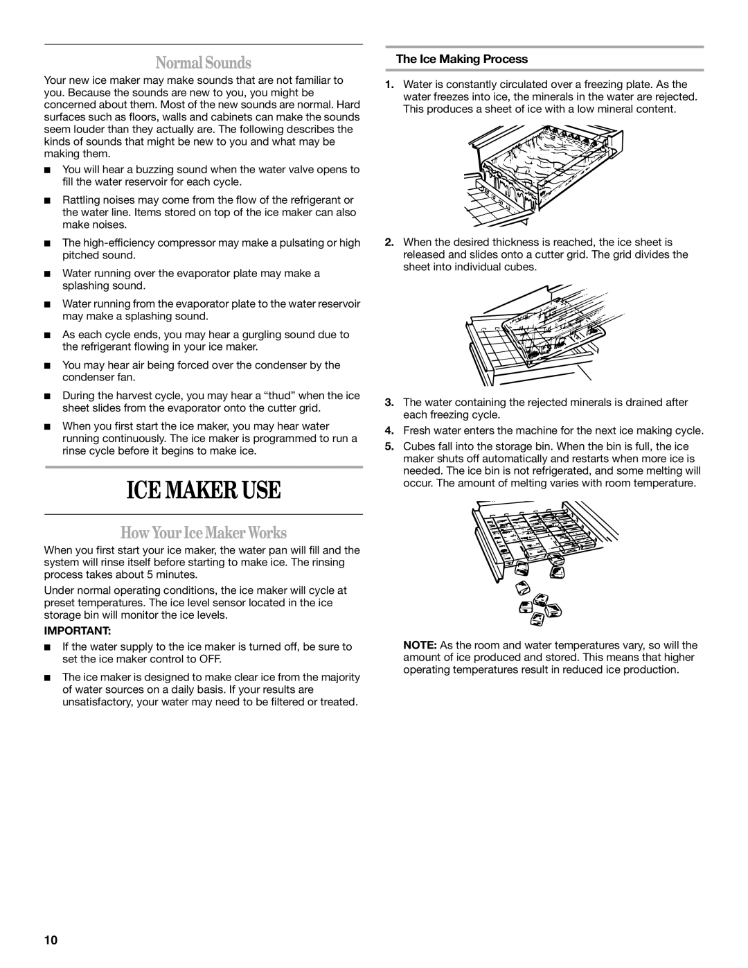 Whirlpool W10206421B manual ICE Maker USE, Normal Sounds, How Your Ice Maker Works, Ice Making Process 