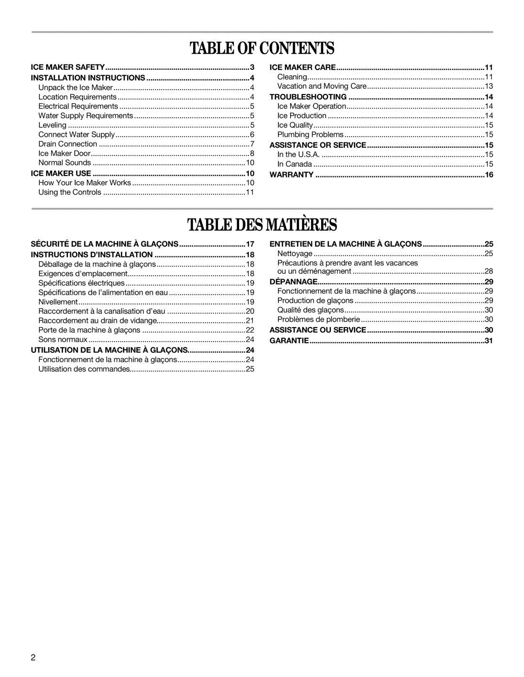 Whirlpool W10206421B manual Table of Contents, Table DES Matières 