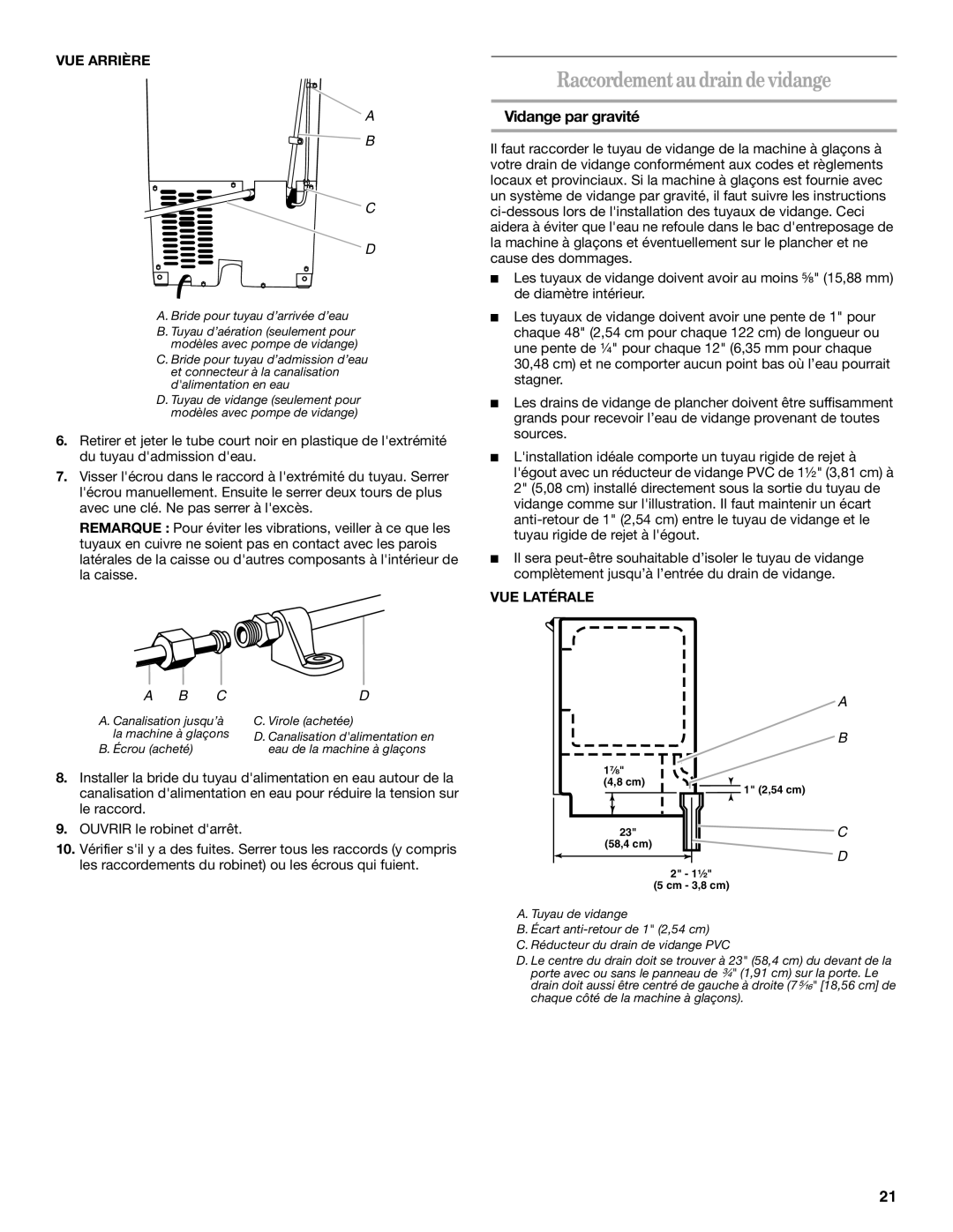 Whirlpool W10206421B manual Raccordementau drain de vidange, Vidange par gravité, VUE Arrière, VUE Latérale 