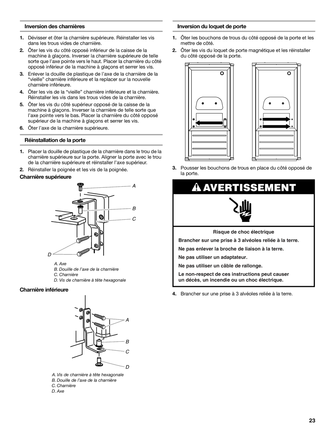 Whirlpool W10206421B manual Inversion des charnières Inversion du loquet de porte, Réinstallation de la porte 