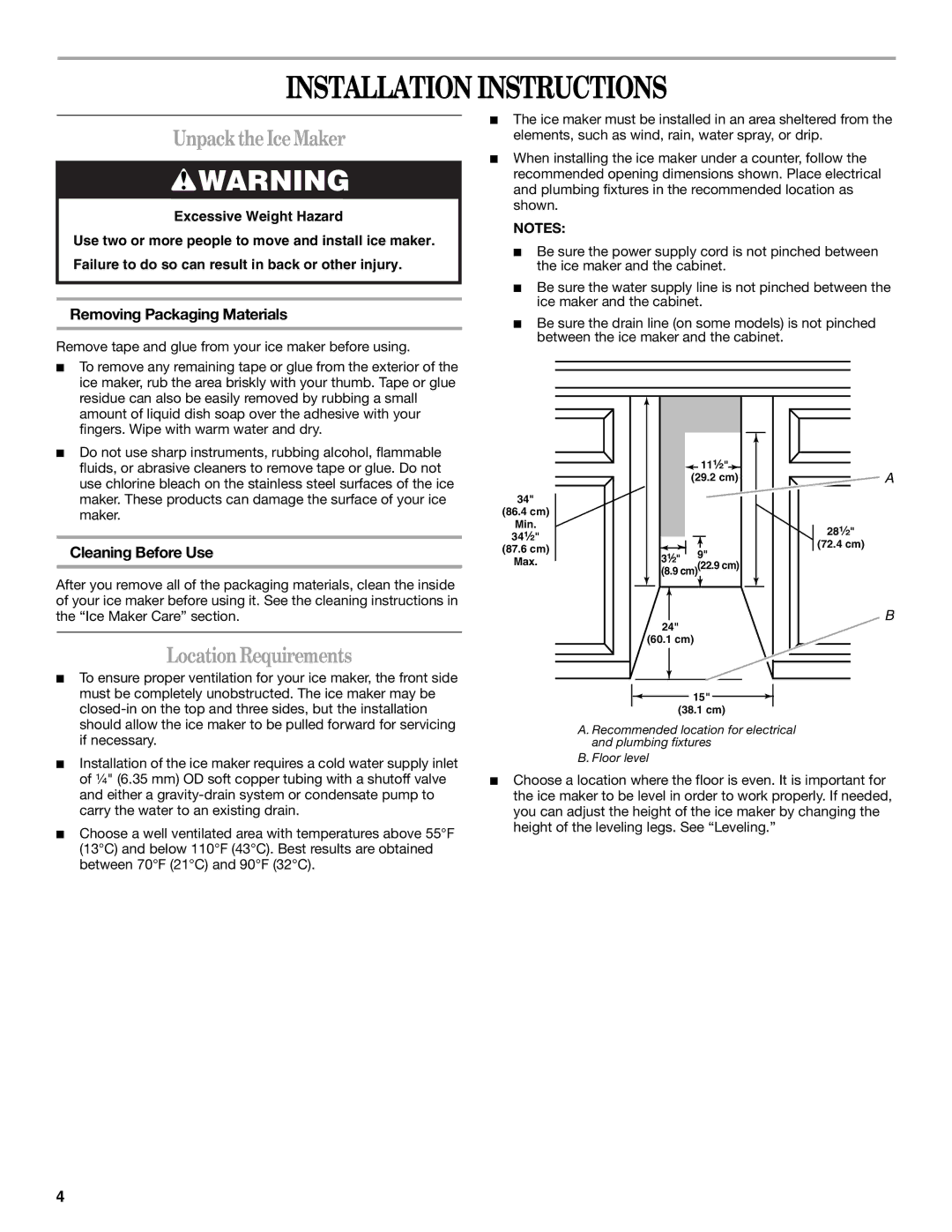 Whirlpool W10206421B Installation Instructions, Unpack the IceMaker, LocationRequirements, Removing Packaging Materials 