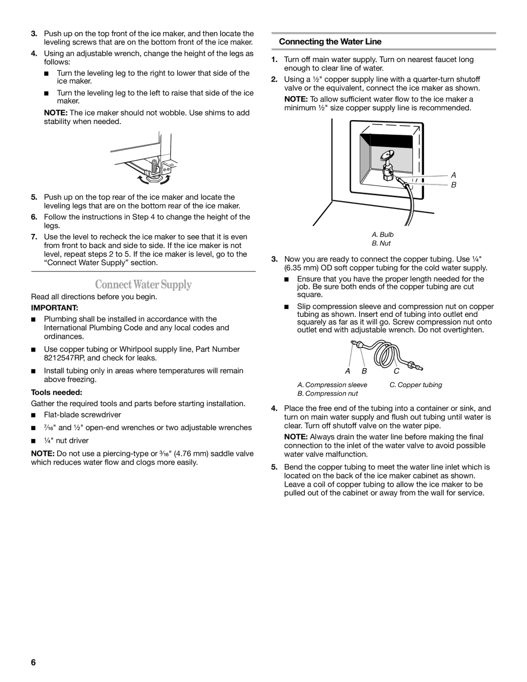 Whirlpool W10206421B manual Connect Water Supply, Connecting the Water Line 