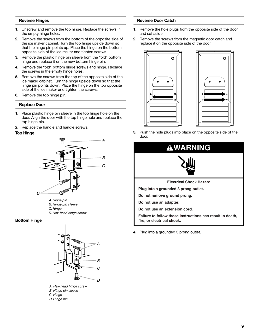 Whirlpool W10206421B manual Reverse Hinges, Replace Door, Top Hinge, Bottom Hinge, Reverse Door Catch 