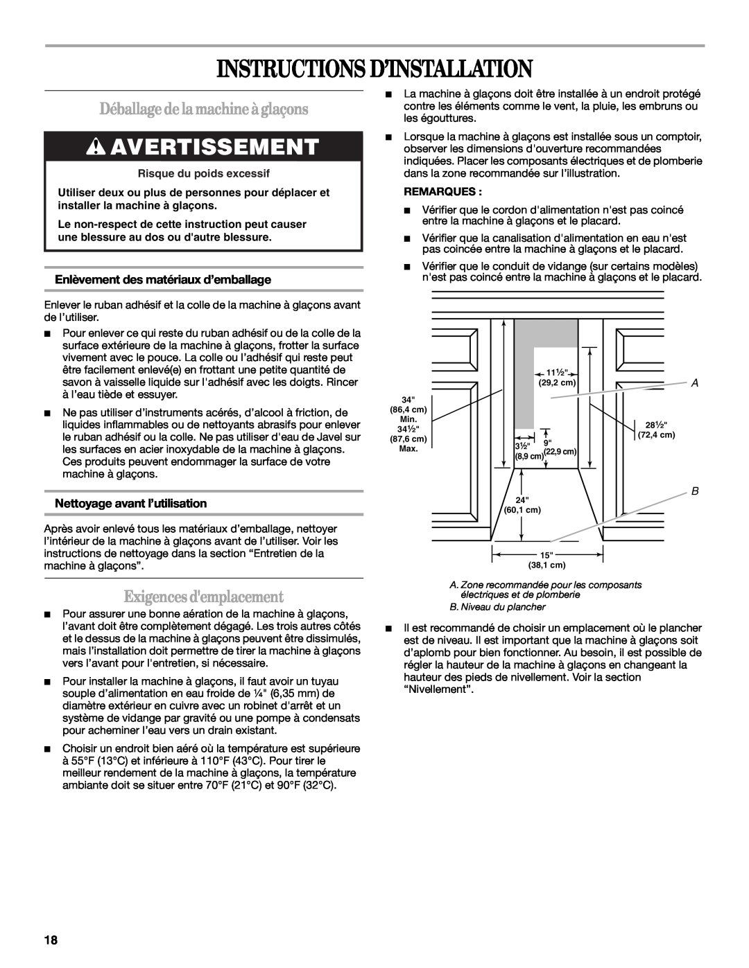 Whirlpool W10206421B Instructions D’Installation, Avertissement, Déballage de la machine à glaçons, Exigences demplacement 
