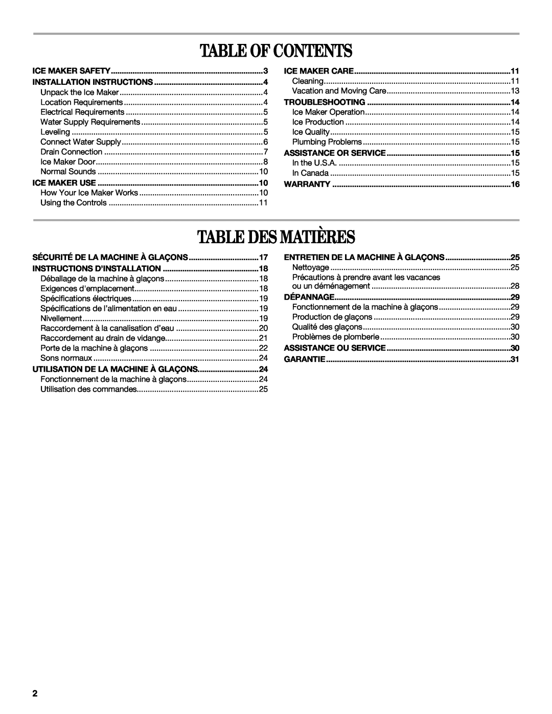 Whirlpool W10206421B manual Table Of Contents, Table Des Matières 