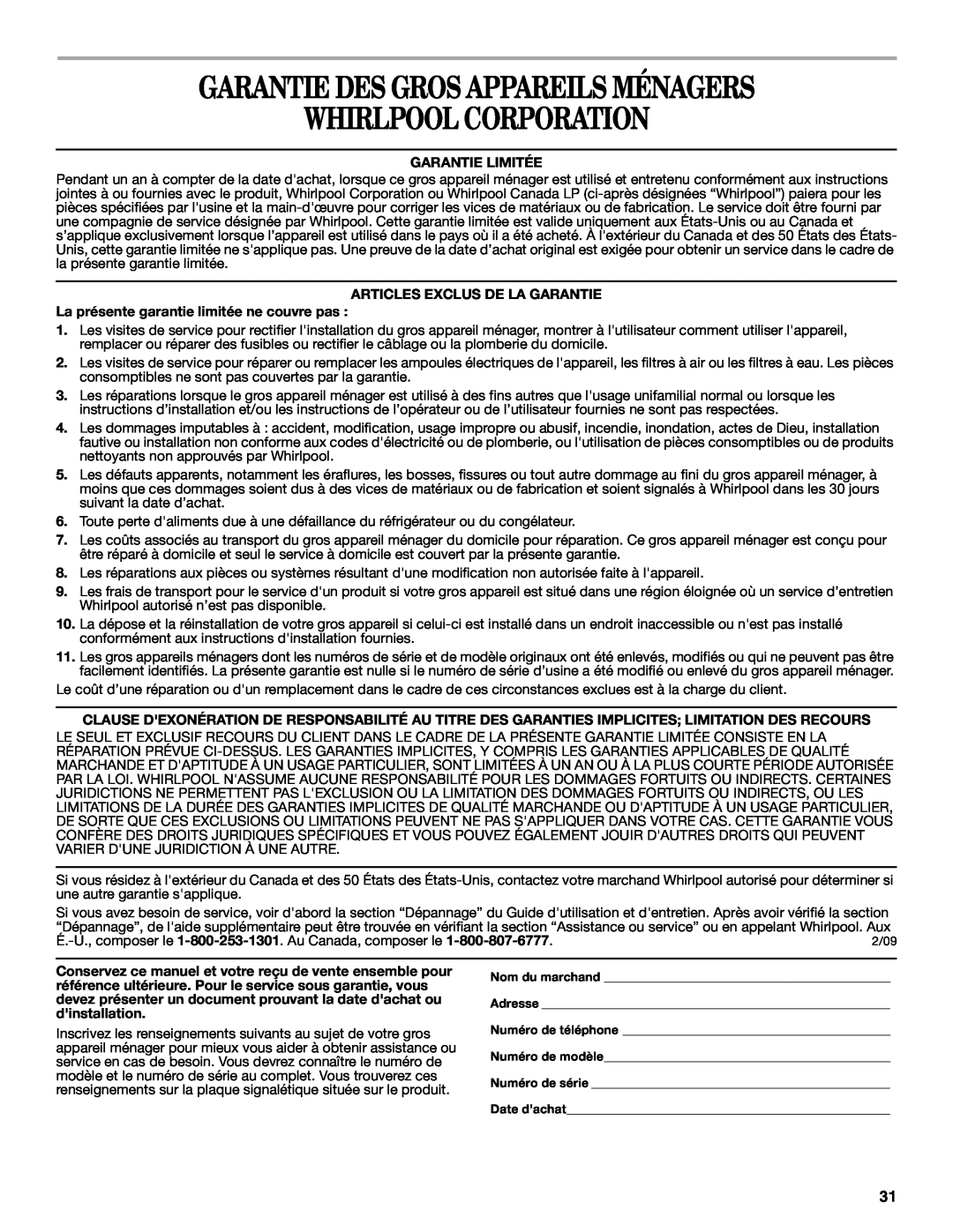 Whirlpool W10206421B manual Garantie Des Gros Appareils Ménagers Whirlpool Corporation, Garantie Limitée 