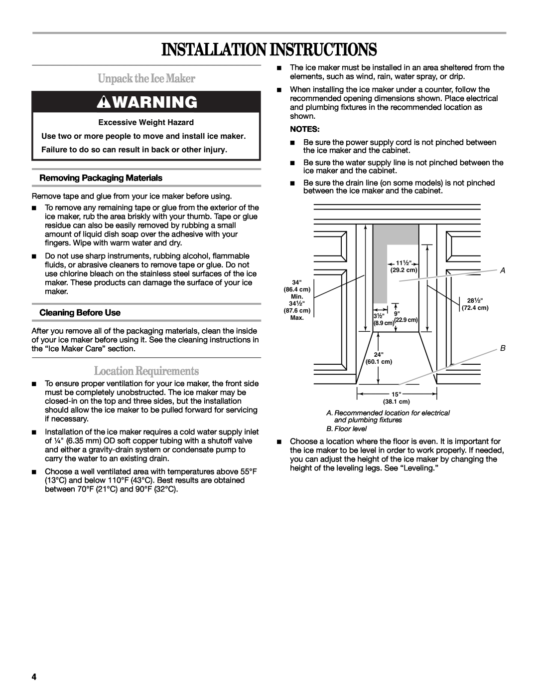 Whirlpool W10206421B Installation Instructions, Unpack the IceMaker, LocationRequirements, Removing Packaging Materials 