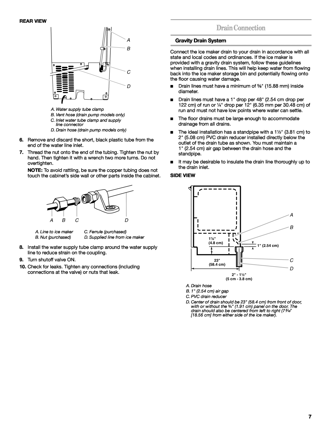 Whirlpool W10206421B manual DrainConnection, Gravity Drain System, A B C D 