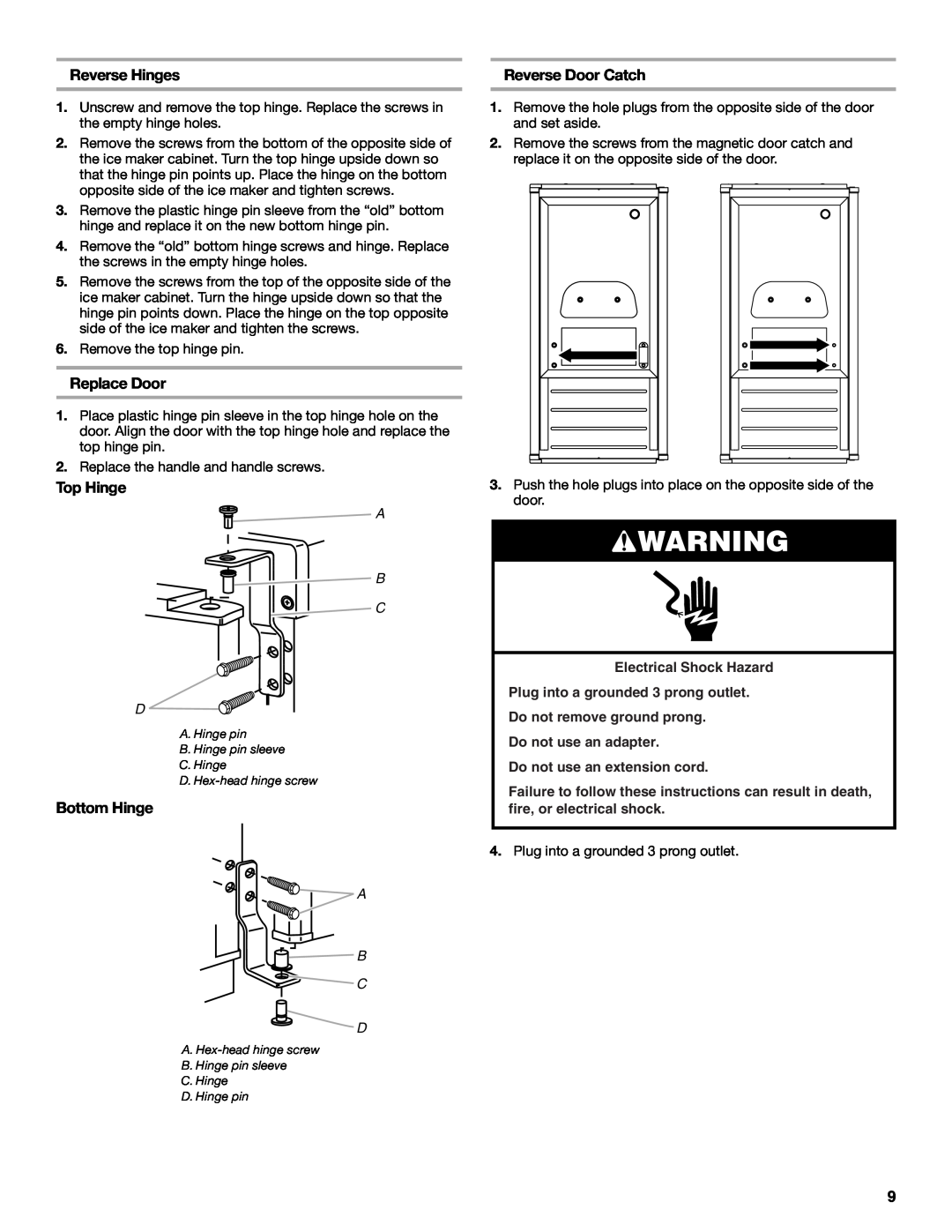 Whirlpool W10206421B manual Reverse Hinges, Replace Door, Top Hinge, Bottom Hinge, Reverse Door Catch, A B C D 