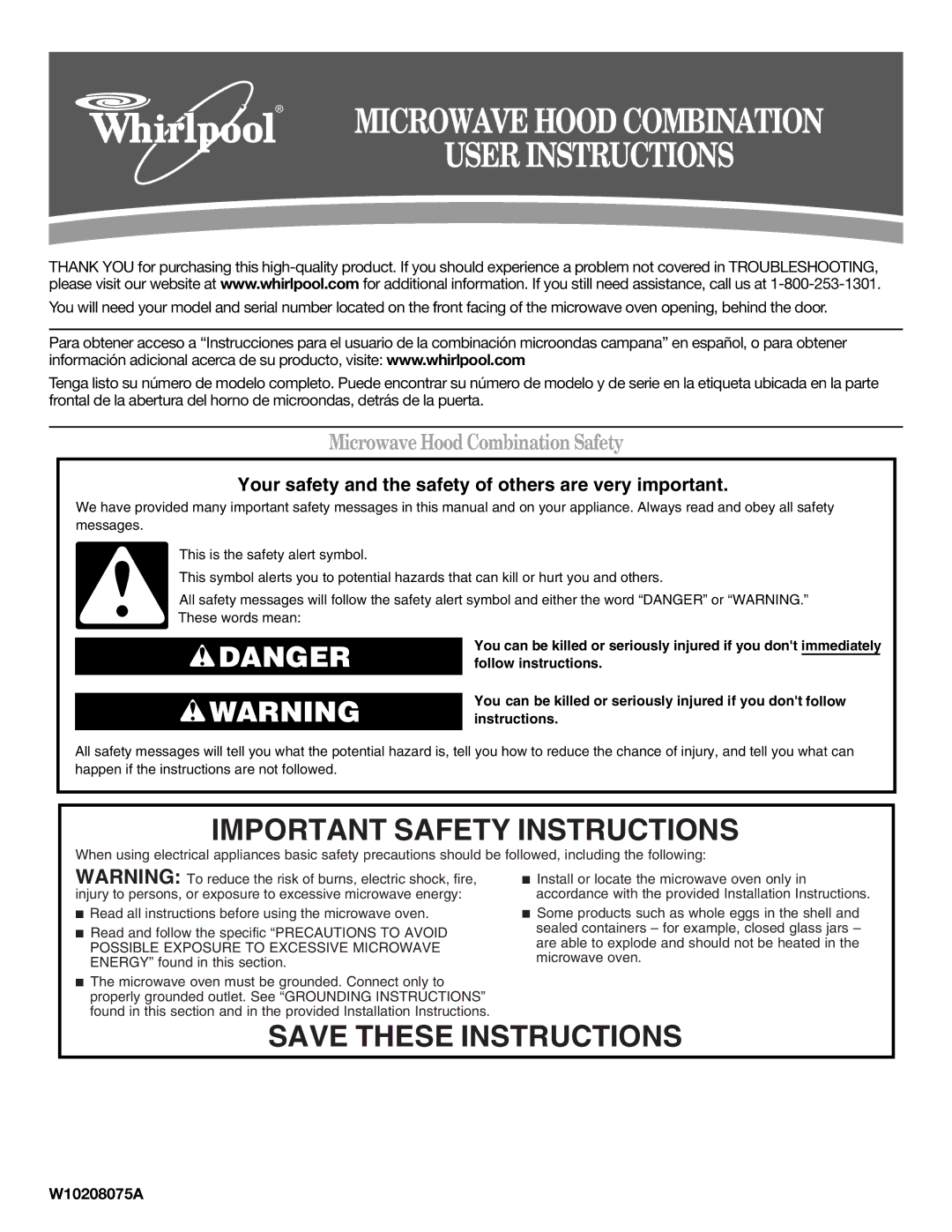 Whirlpool GMH5205XVT, GMH5205XVQ, GMH5205XVS important safety instructions Microwave Hood Combination Safety, W10208075A 