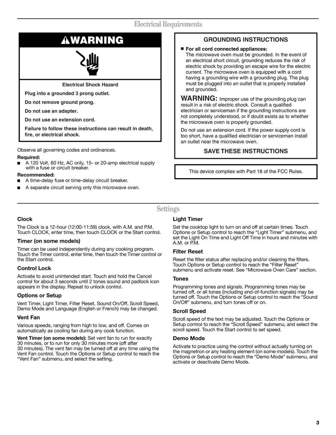 Whirlpool GMH5205XVS, W10208075A, GMH5205XVT, GMH5205XVQ, GMH5205XVB Electrical Requirements, Settings 