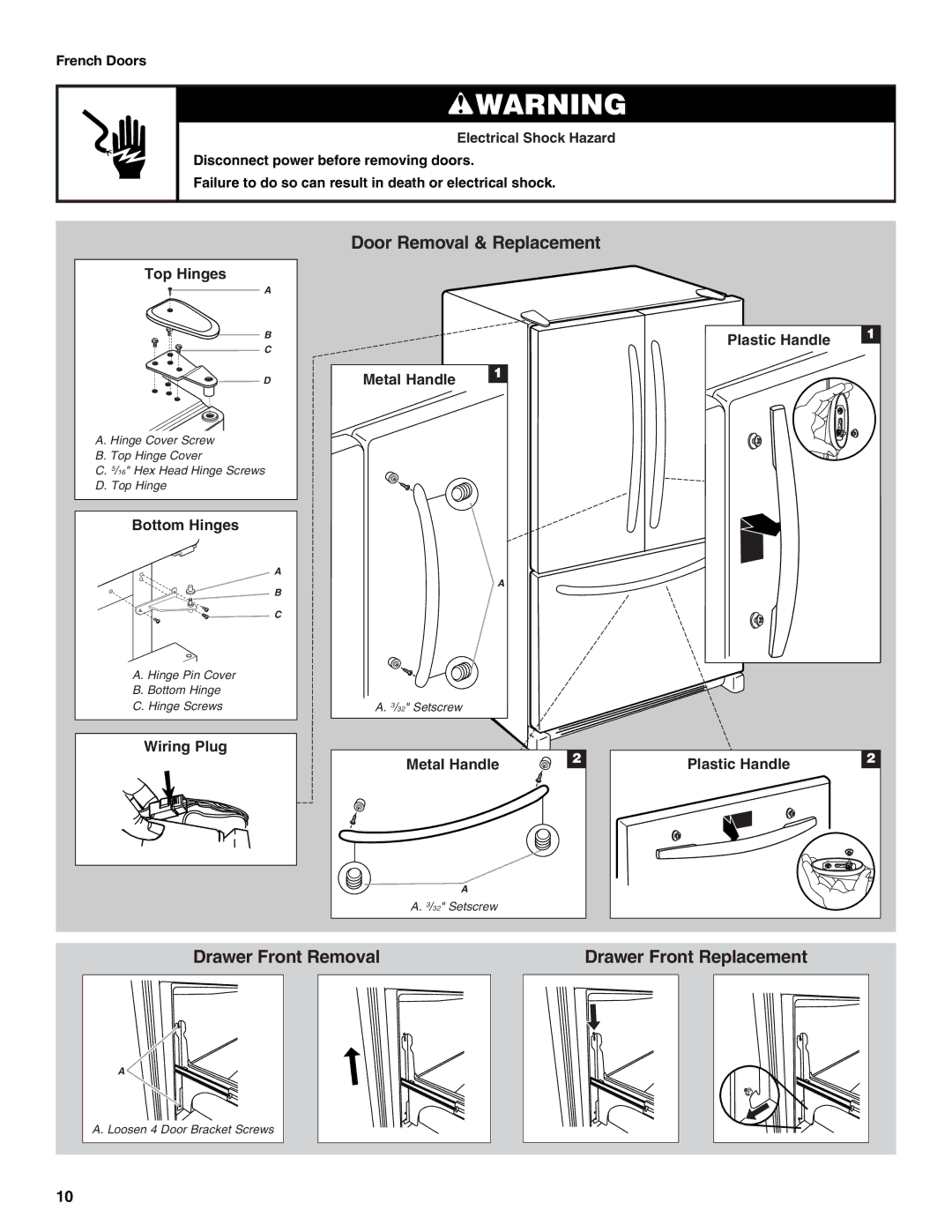 Whirlpool W10208432A, W10208431A installation instructions Door Removal & Replacement 