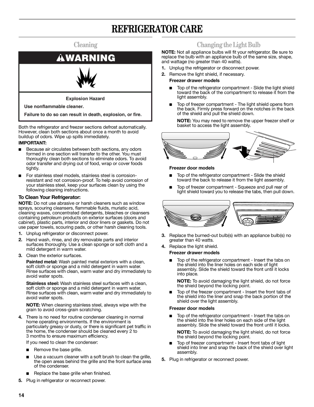 Whirlpool W10208432A, W10208431A Refrigerator Care, Cleaning, Changing the Light Bulb, To Clean Your Refrigerator 