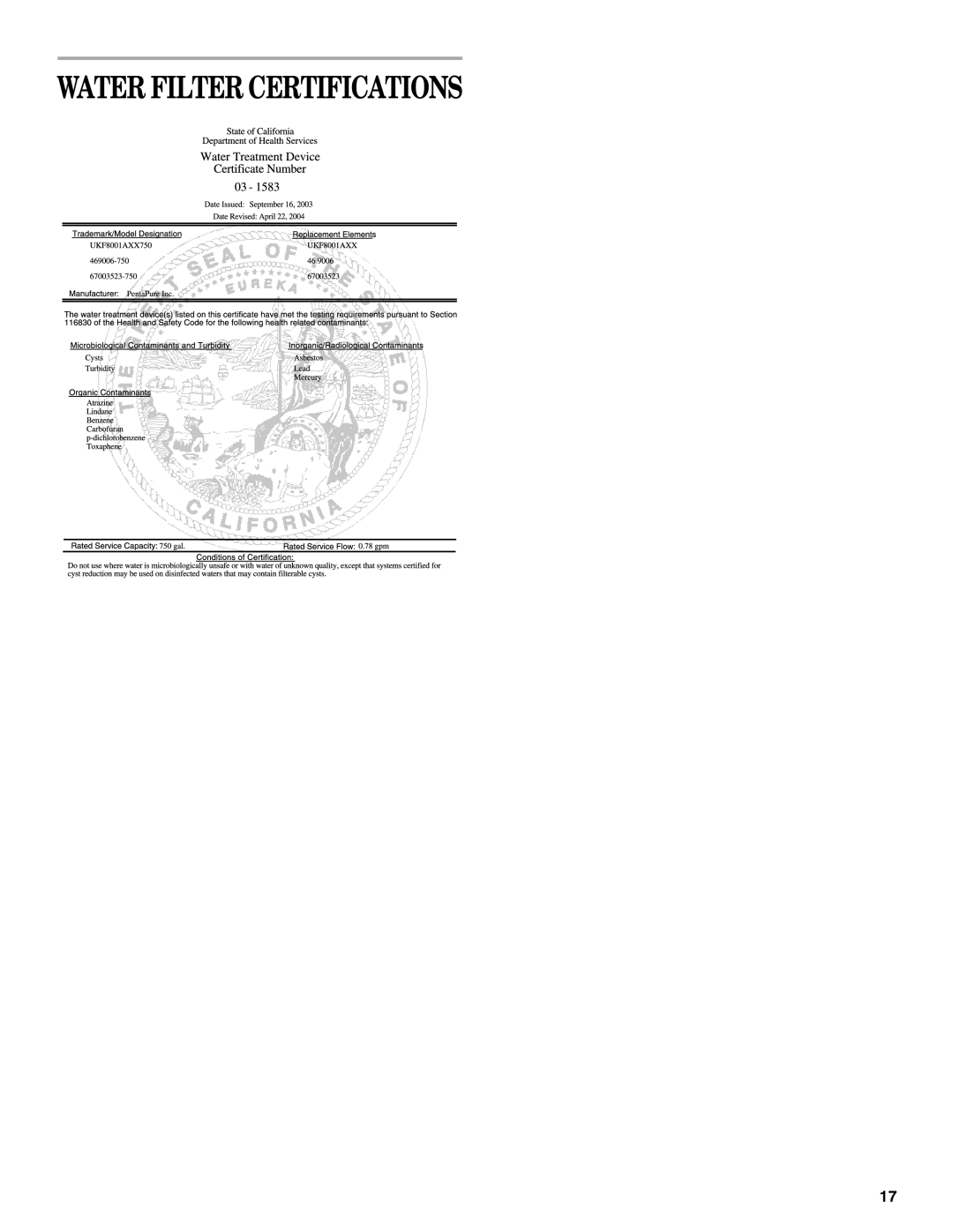 Whirlpool W10208431A, W10208432A installation instructions Water Filter Certifications 