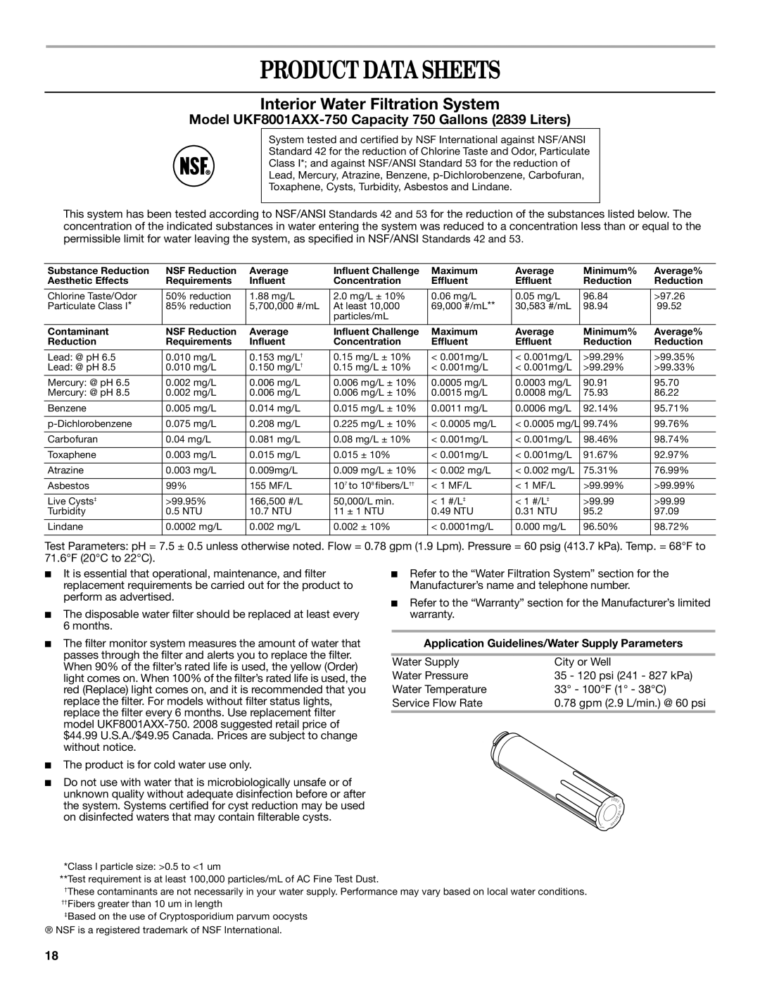 Whirlpool W10208432A, W10208431A Product Data Sheets, Application Guidelines/Water Supply Parameters 