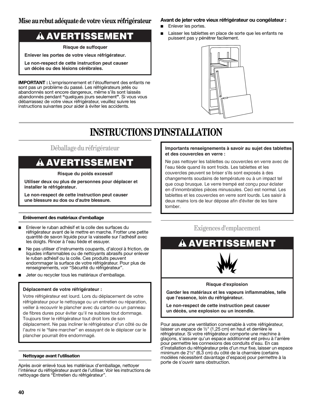 Whirlpool W10208432A, W10208431A Instructions D’INSTALLATION, Déballagedu réfrigérateur, Exigences demplacement 