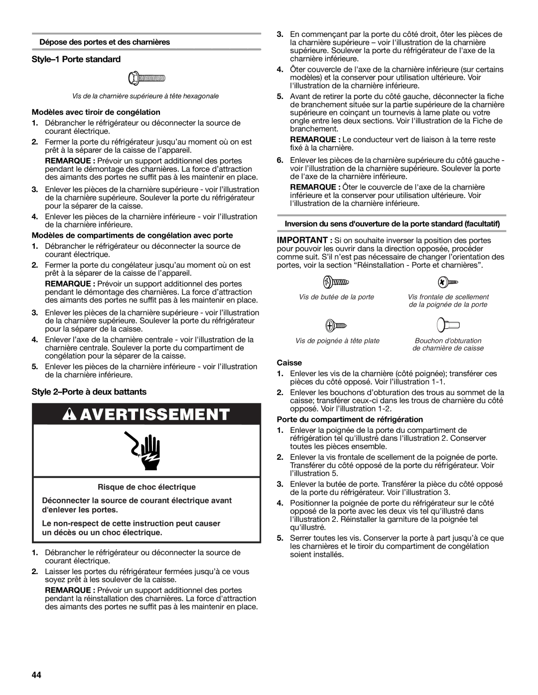 Whirlpool W10208432A, W10208431A installation instructions Style-1 Porte standard 