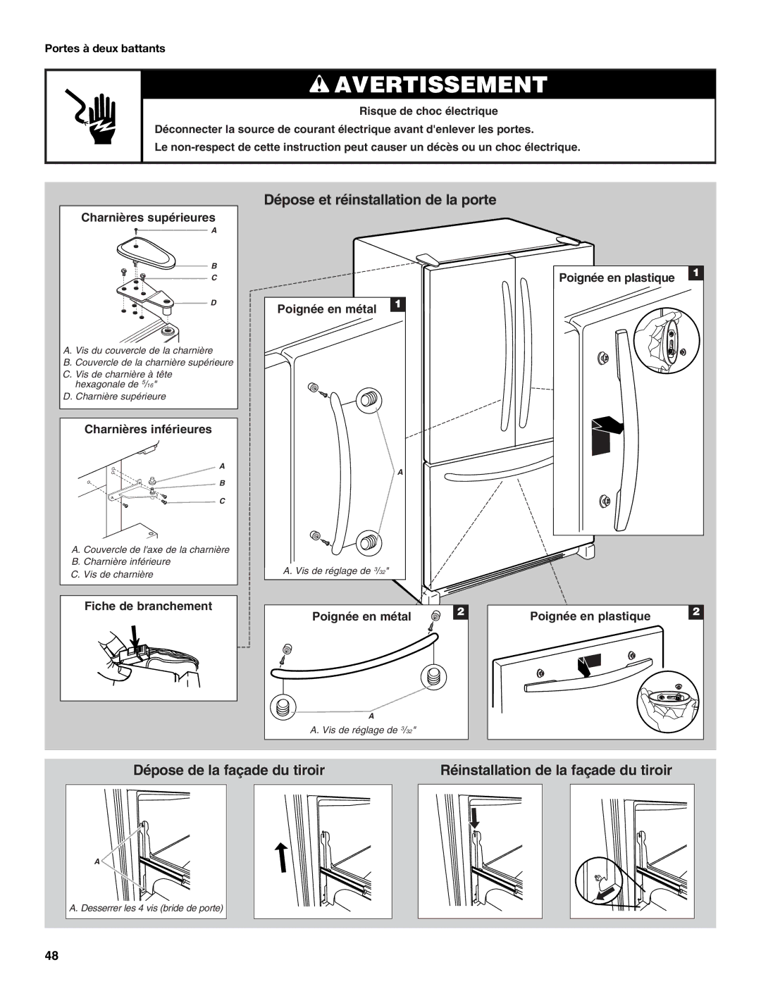 Whirlpool W10208432A, W10208431A installation instructions Charnières supérieures, Portes à deux battants 