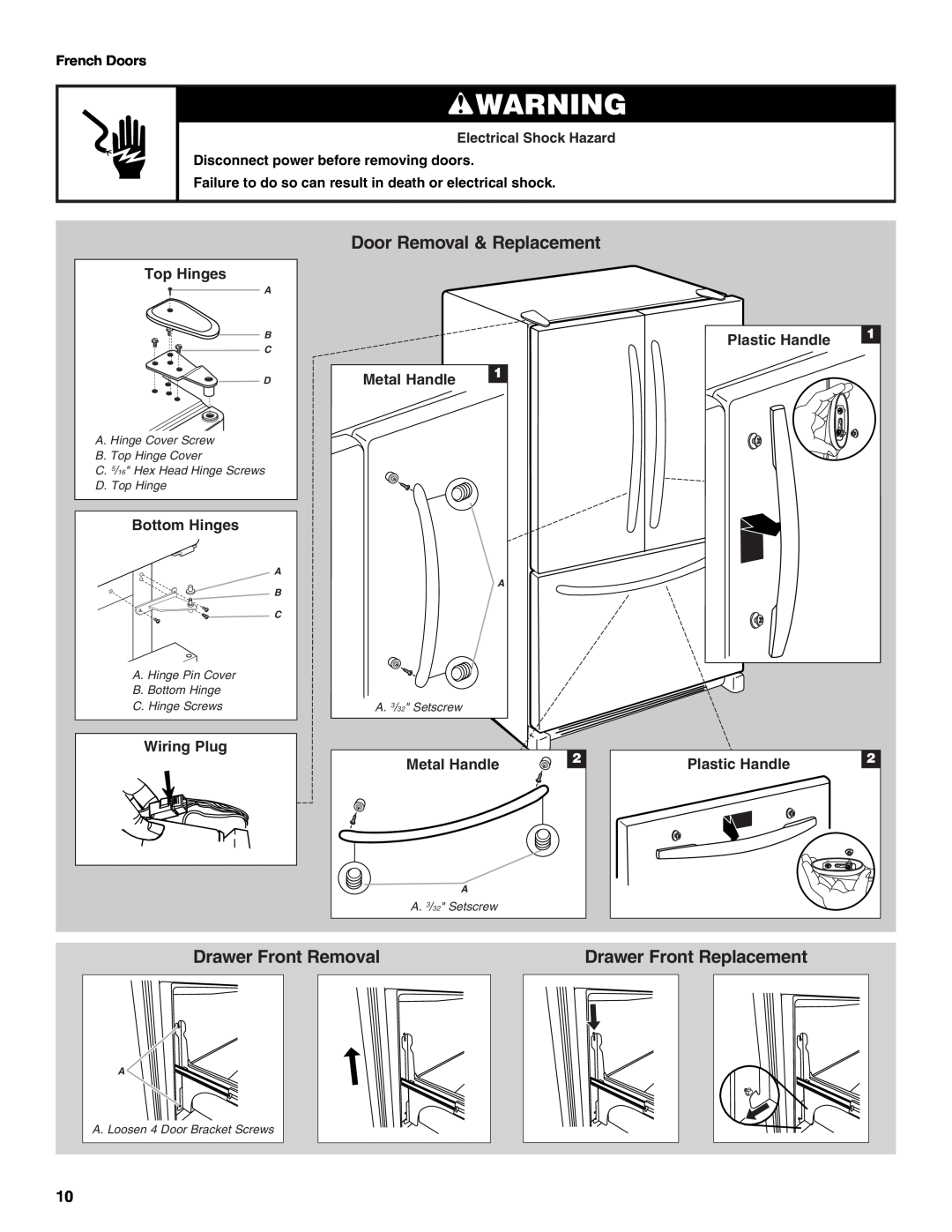 Whirlpool W10208432A Door Removal & Replacement, Drawer Front Removal, Drawer Front Replacement, Top Hinges, Bottom Hinges 
