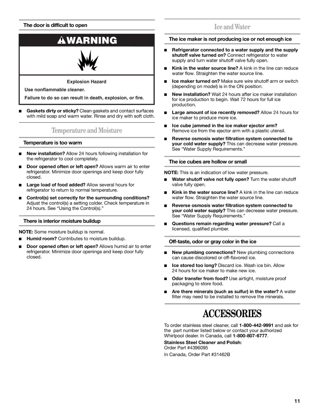 Whirlpool W10208840A, W10208839A installation instructions Accessories, Temperature and Moisture, Ice and Water 