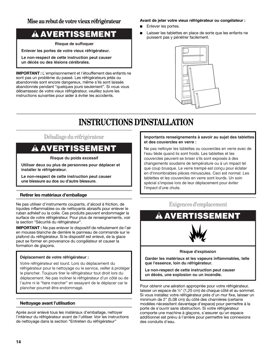 Whirlpool W10208839A, W10208840A Instructions Dinstallation, Déballagedu réfrigérateur, Exigences demplacement 