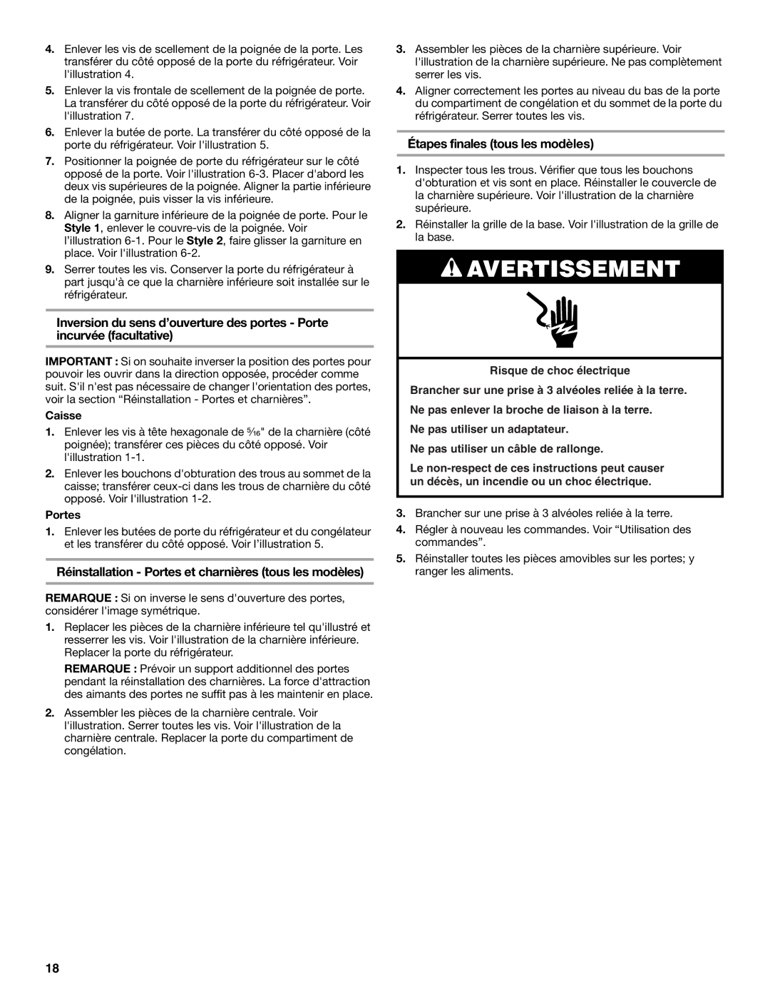 Whirlpool W10208839A, W10208840A Réinstallation Portes et charnières tous les modèles, Étapes finales tous les modèles 