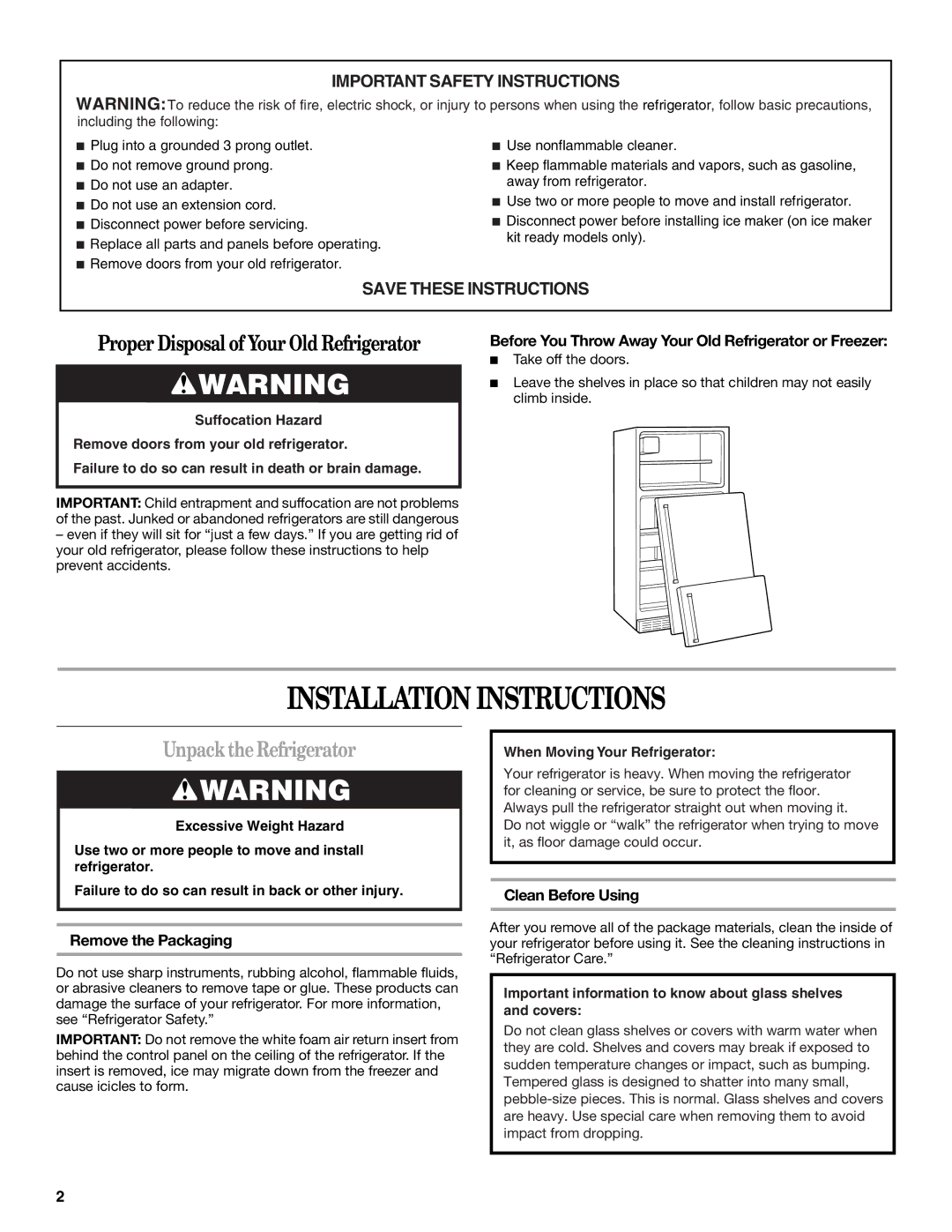 Whirlpool W10208839A Installation Instructions, Unpack the Refrigerator, Remove the Packaging, Clean Before Using 