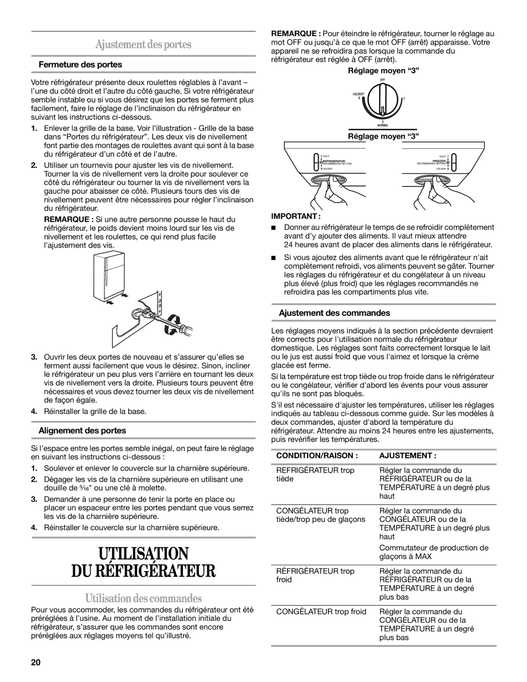 Whirlpool W10208839A, W10208840A Utilisation DU Réfrigérateur, Ajustement desportes, Utilisation des commandes 