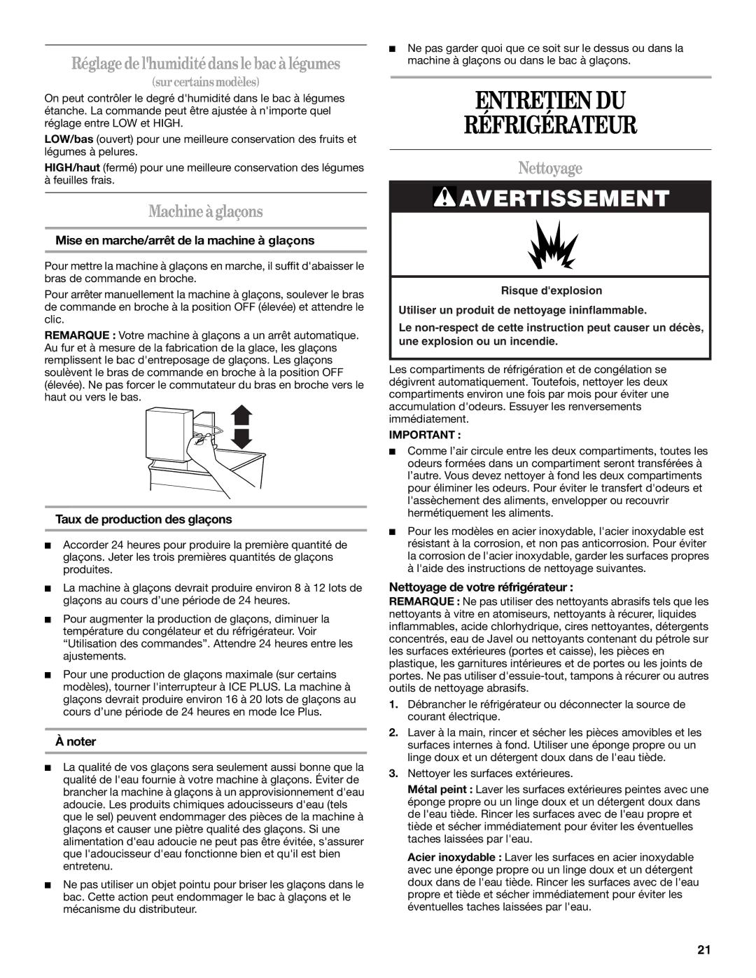 Whirlpool W10208840A, W10208839A installation instructions Entretien DU Réfrigérateur, Machine à glaçons, Nettoyage 